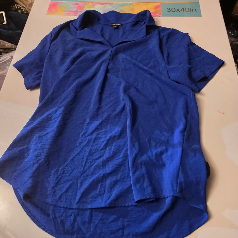 Hilary Radley Royal Blue Short Sleeve Pleated Front Blouse Top Large